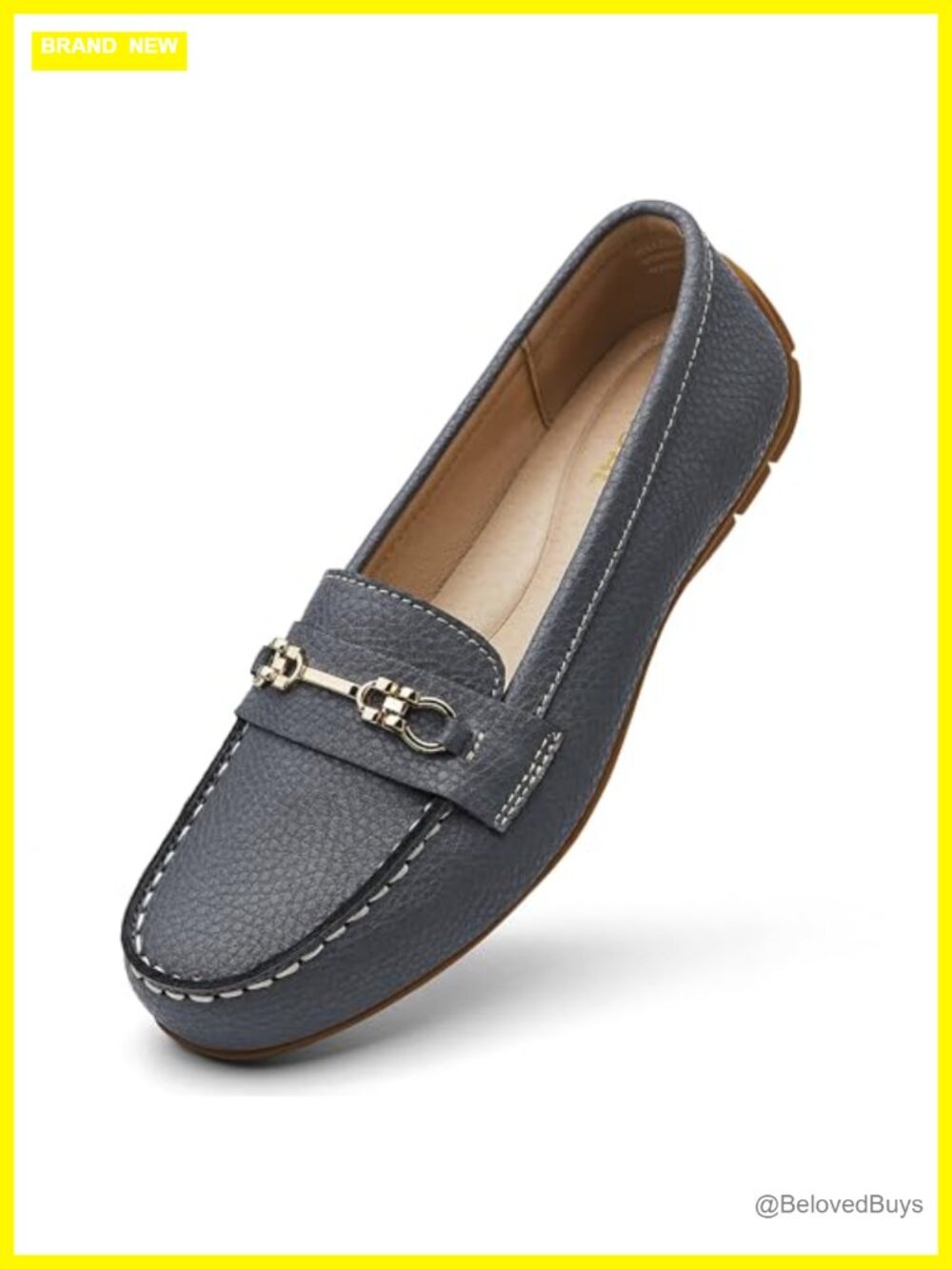 Genuine Leather Loafers with Gold Buckle Slip-On Memory Foam